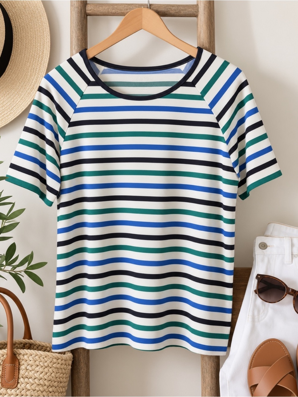 SPANX L UPF 50 Striped Short Sleeve Top Blue Green Black White Stretch
